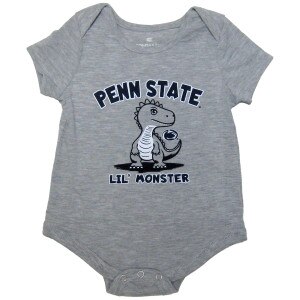 heather gray onesie with Penn State Lil' Monster, dinosaur cartoon, and Athletic Logo